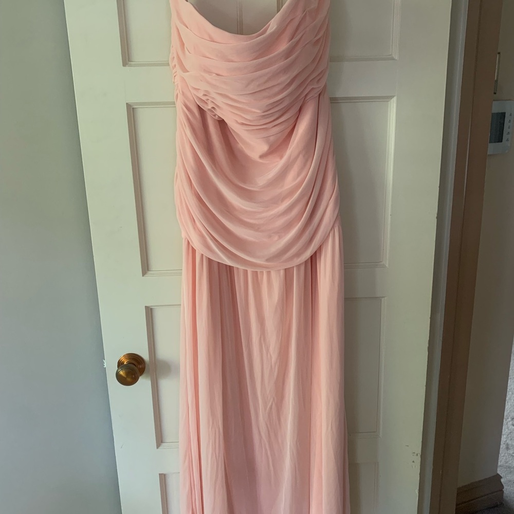 Pastel Pink Strapless Draped Chiffon Dress- David’s Bridal